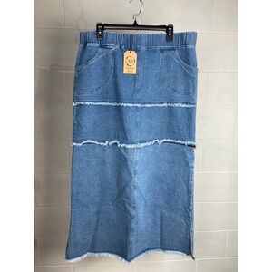 A Rare‎ Bird Convertible Denim Skirt Frayed Hem Pockets Elastic Waist Casual M/L